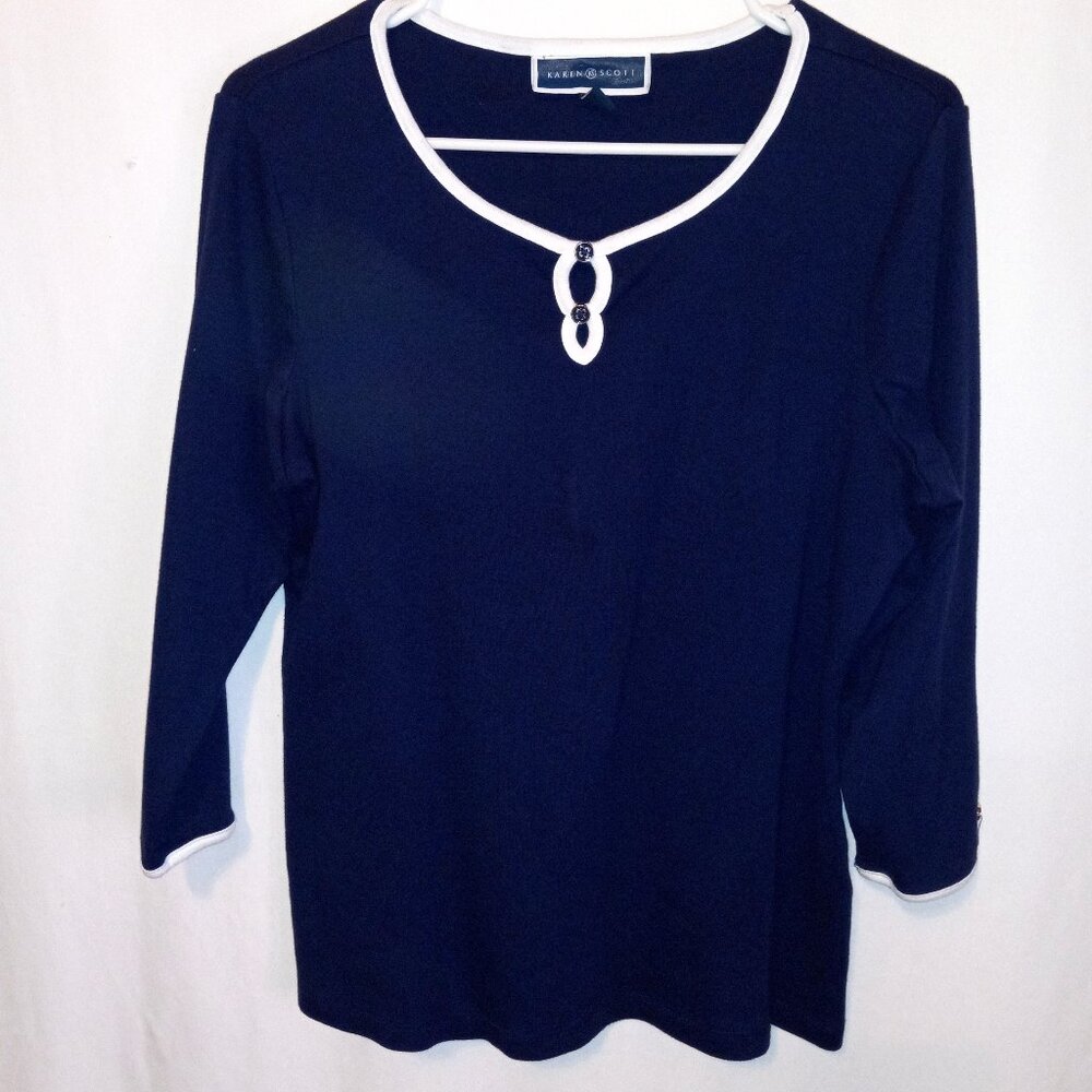 KAREN SCOTT WOMENS TOP LARGE NAVY BLUE WITH KEY HOLE NECKLINE